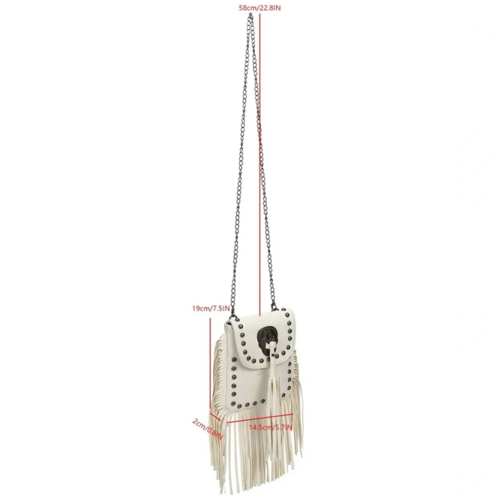 Beige Mini Tassel and Studded Chain Crossbody Bag - Picture 6 of 6